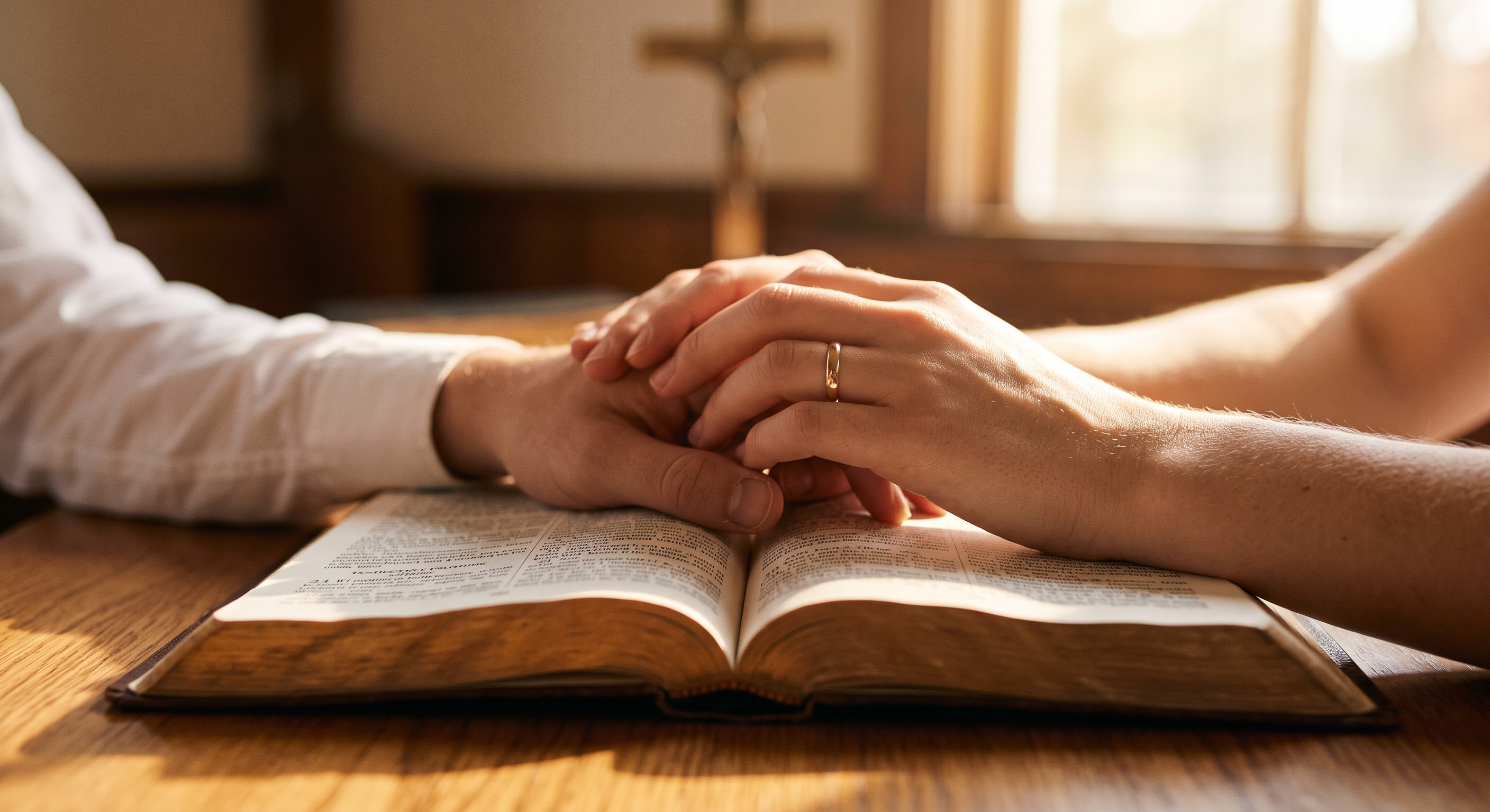 Mãos de um casal sobre uma Bíblia aberta